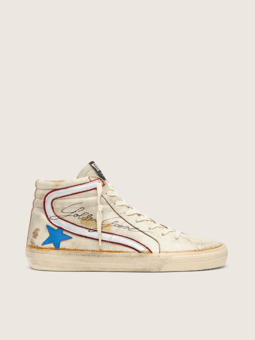 Men’s Slide with light blue leather star and metallic silver leather flash