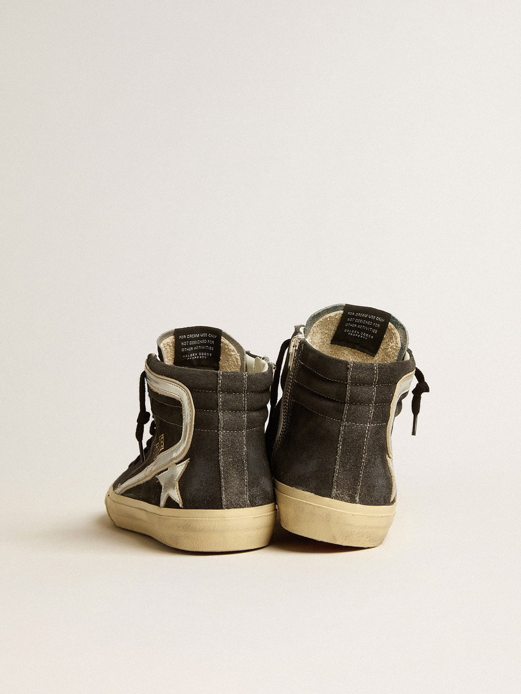 Slide in black suede with silver metallic leather star and flash