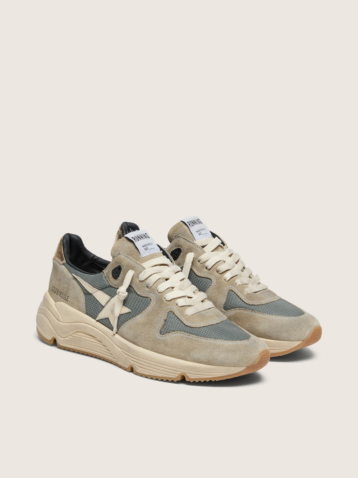 Running Sole in gray suede with white star and white heel tab