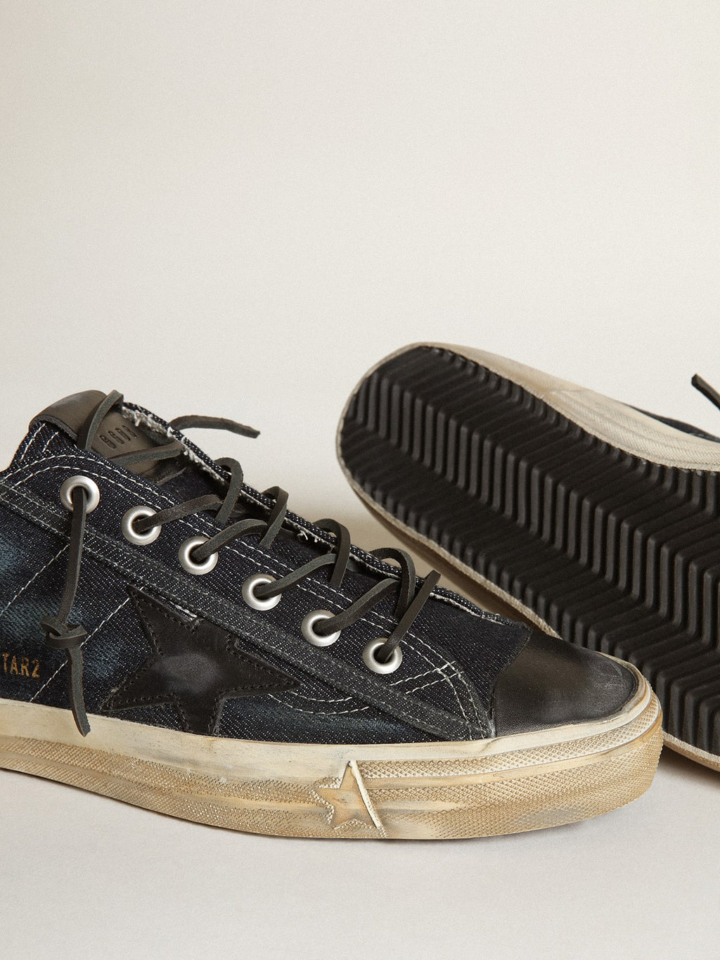V-Star sneakers in midnight-blue denim with black leather star and toe