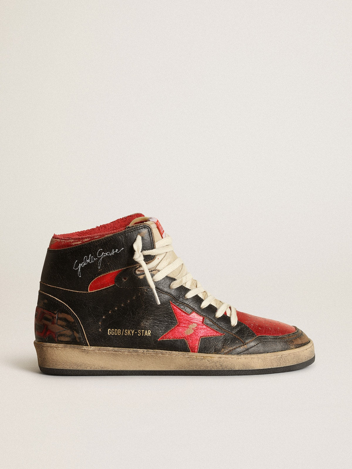 Men's Sky-Star in glossy black leather with red star