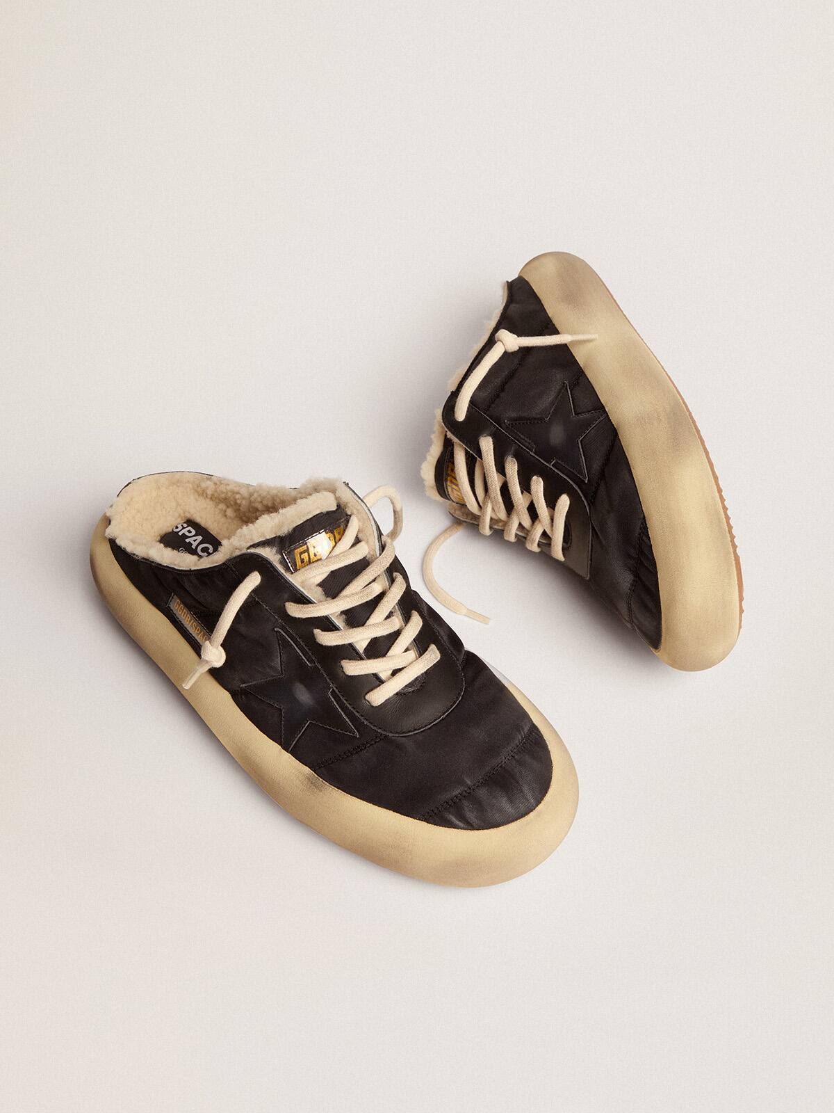 Men's Space-Star Sabot shoes in quilted black nylon with shearling lining