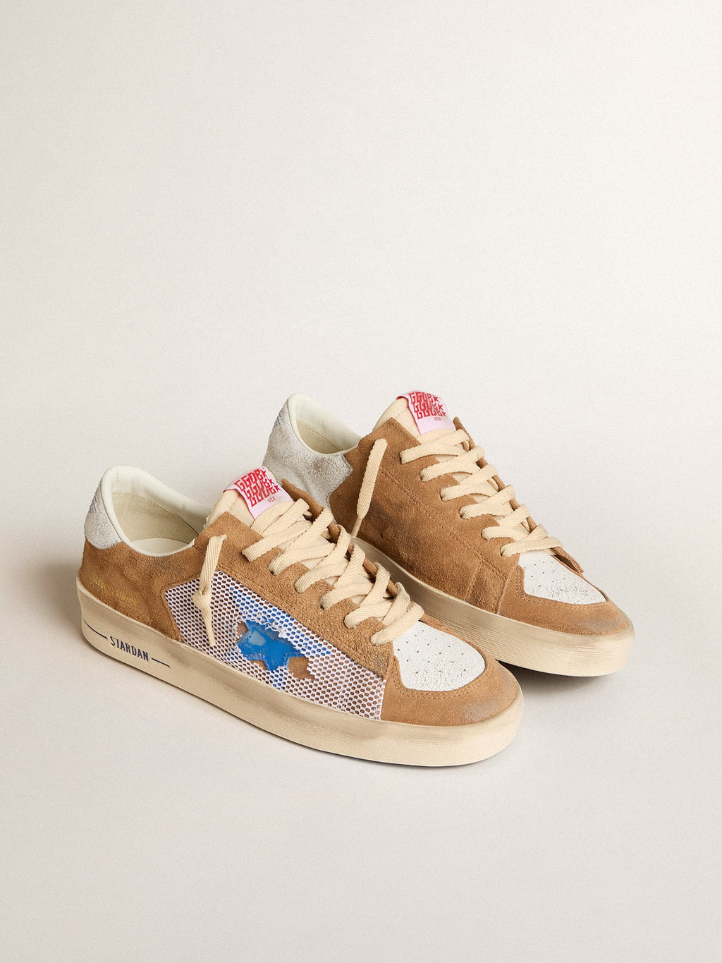 Stardan LTD in tobacco suede and mesh with blue star and leather heel tab