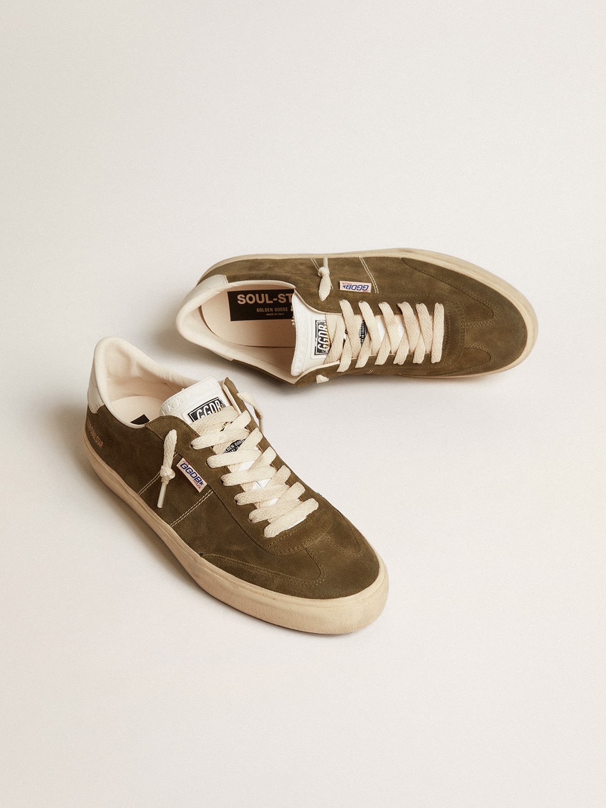 Soul Star in green suede with white leather heel tab and tongue