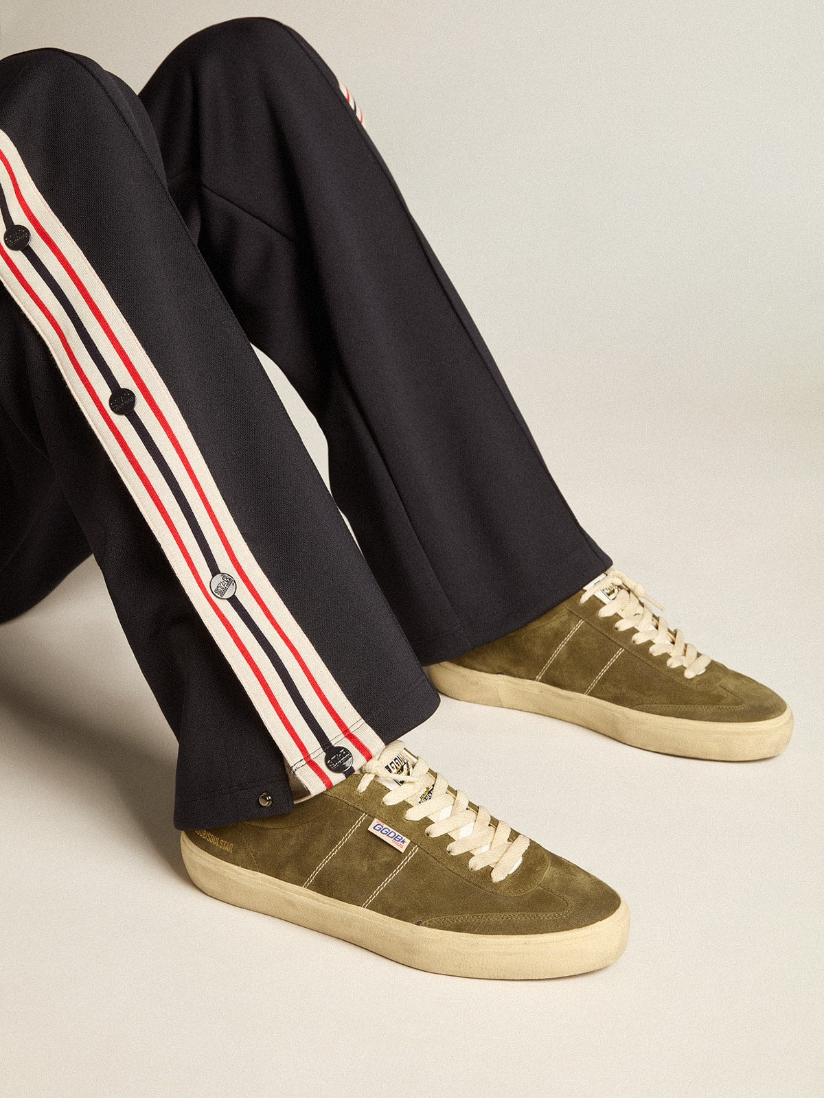 Soul Star in green suede with white leather heel tab and tongue