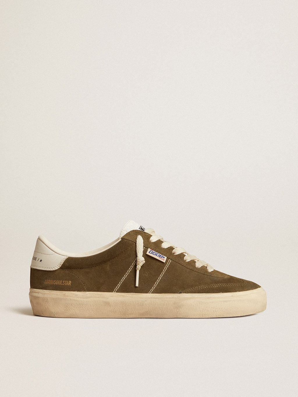 Soul Star in green suede with white leather heel tab and tongue
