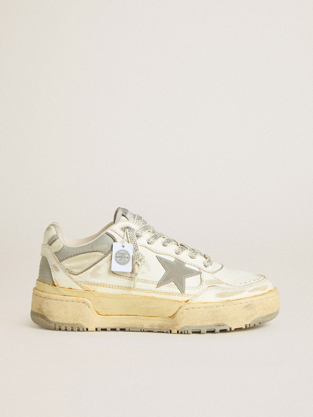 Men’s Forty2 in white leather with laces with Swarovski crystals and gray star