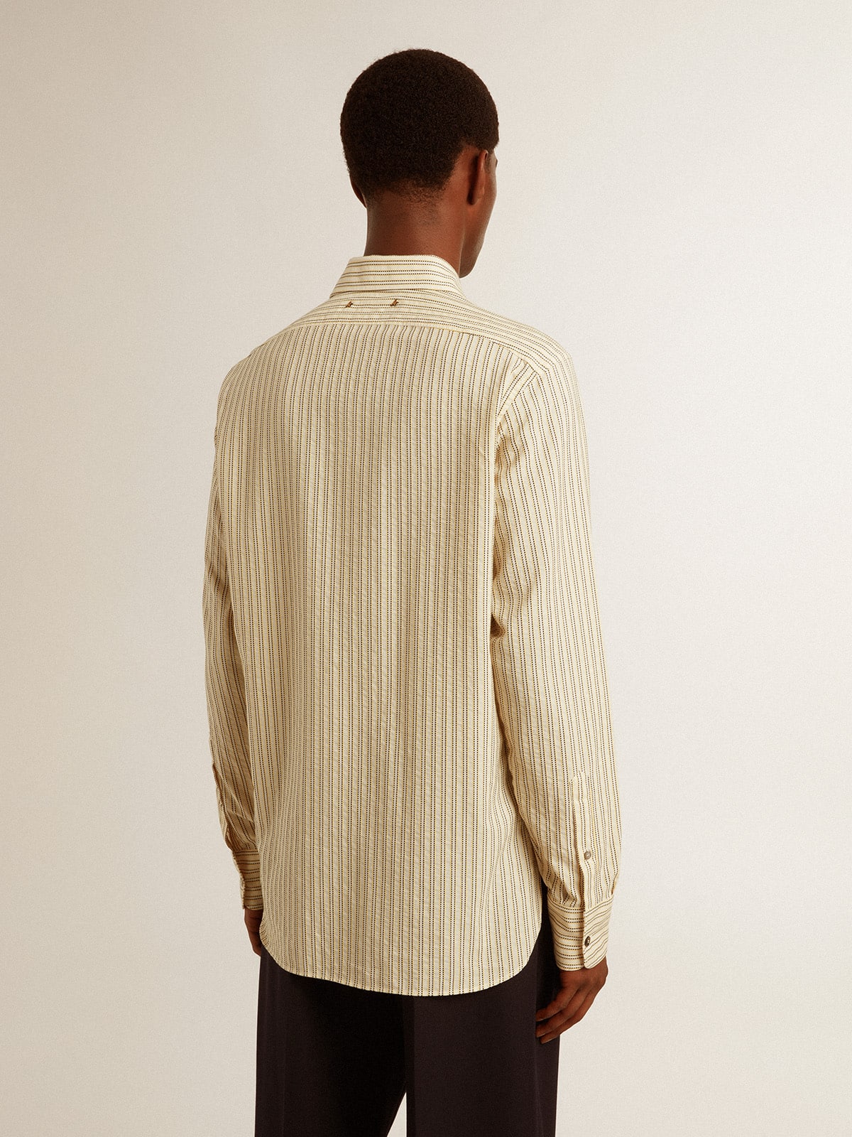 Men’s ecru cotton shirt with narrow black stripes