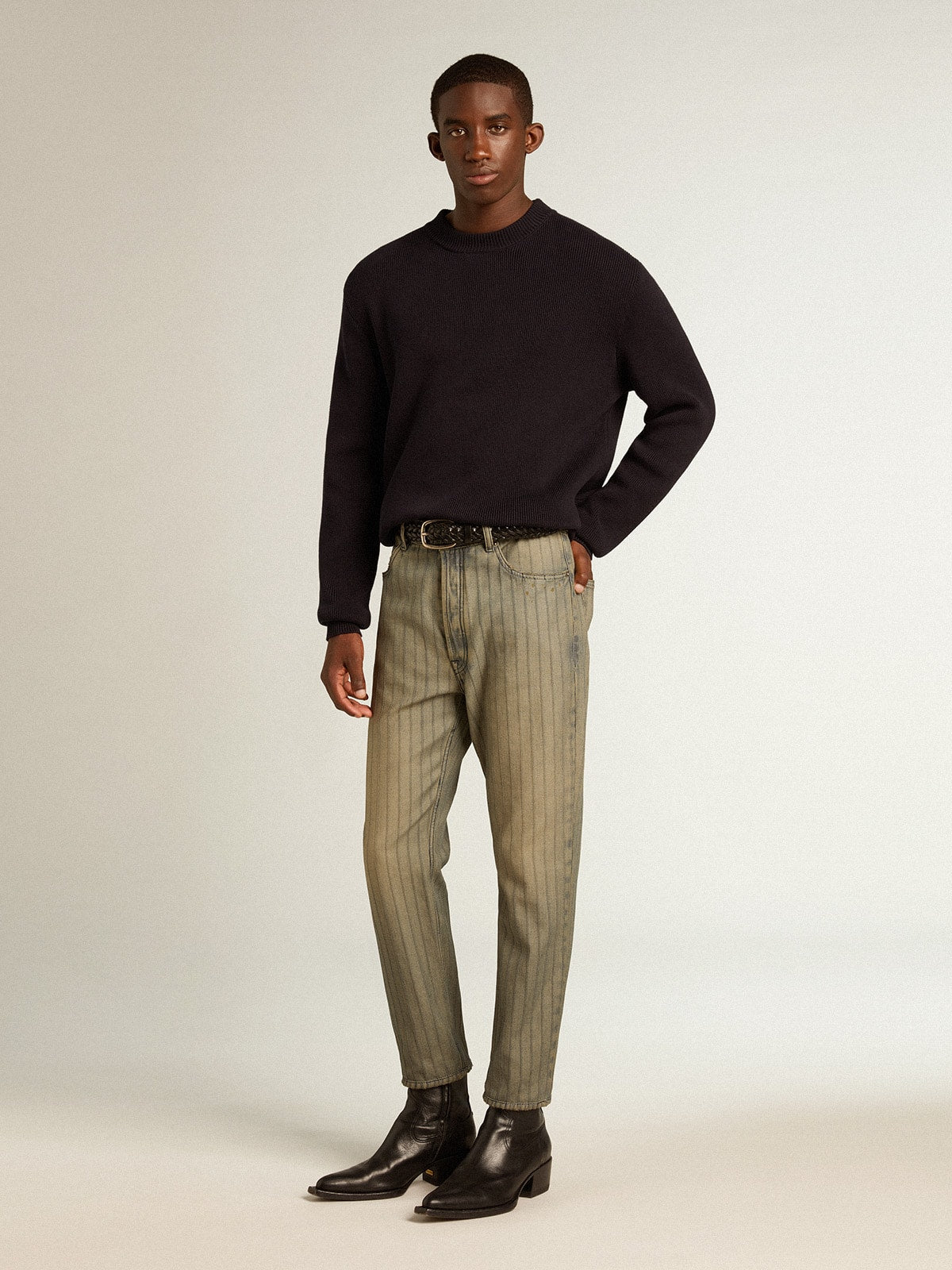 Men's gray pants in striped denim