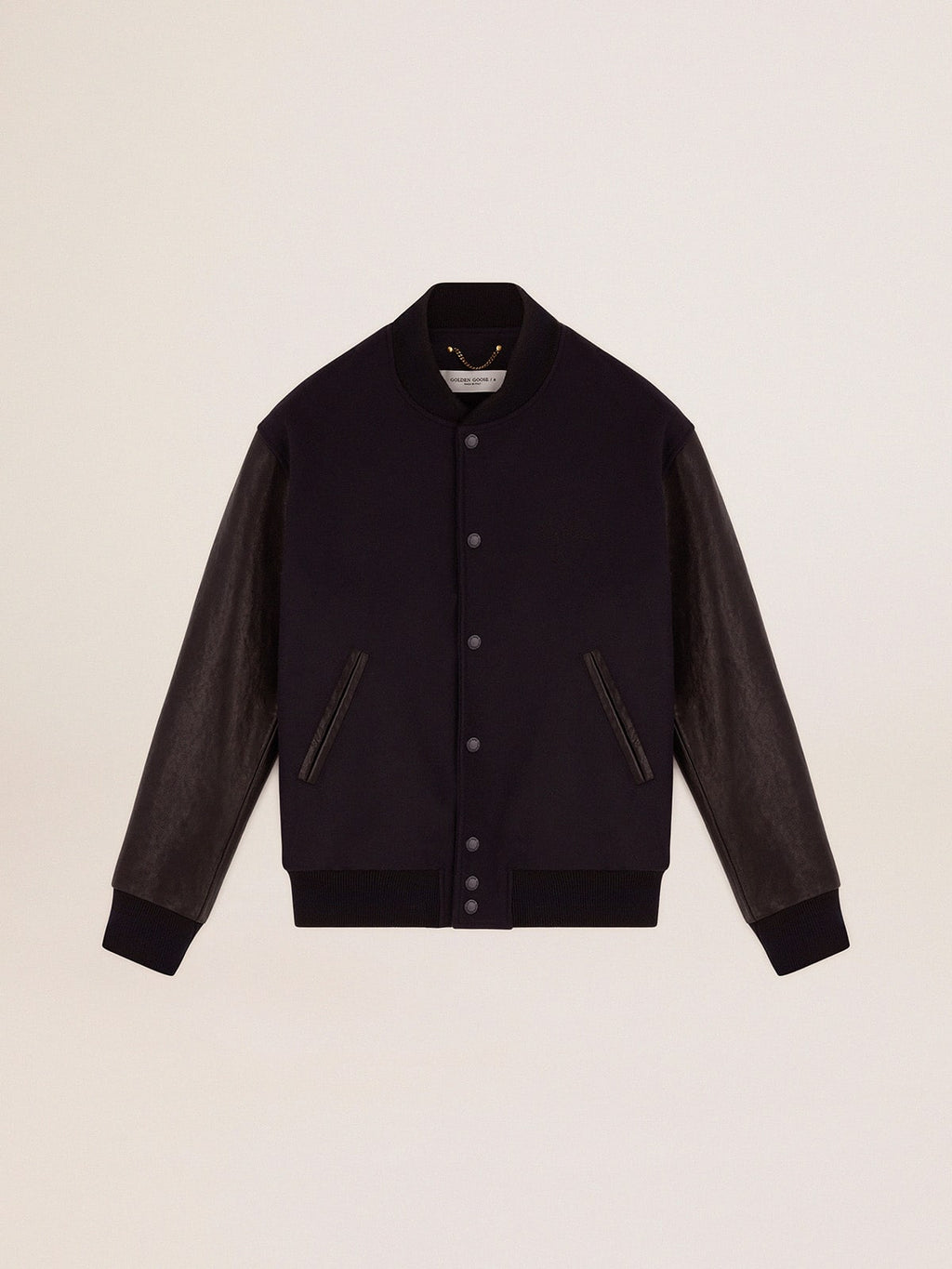 Men's bomber jacket in dark blue wool with leather sleeves