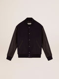Men's bomber jacket in dark blue wool with leather sleeves