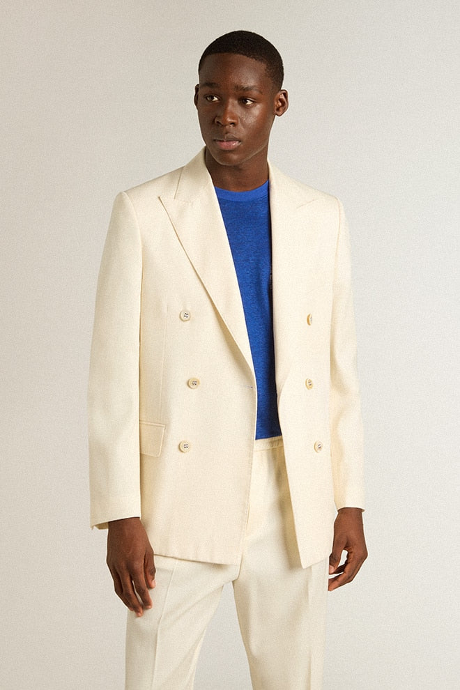 Men’s cream-colored double-breasted blazer