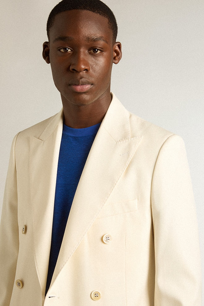 Men’s cream-colored double-breasted blazer
