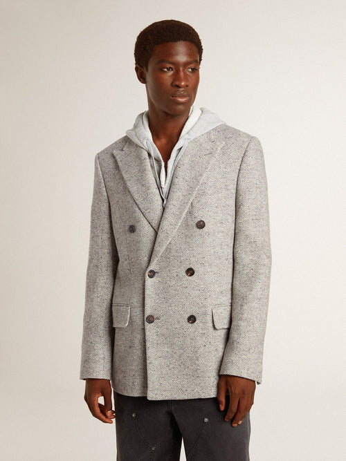 Men's double-breasted jacket in gray silk and chevron wool