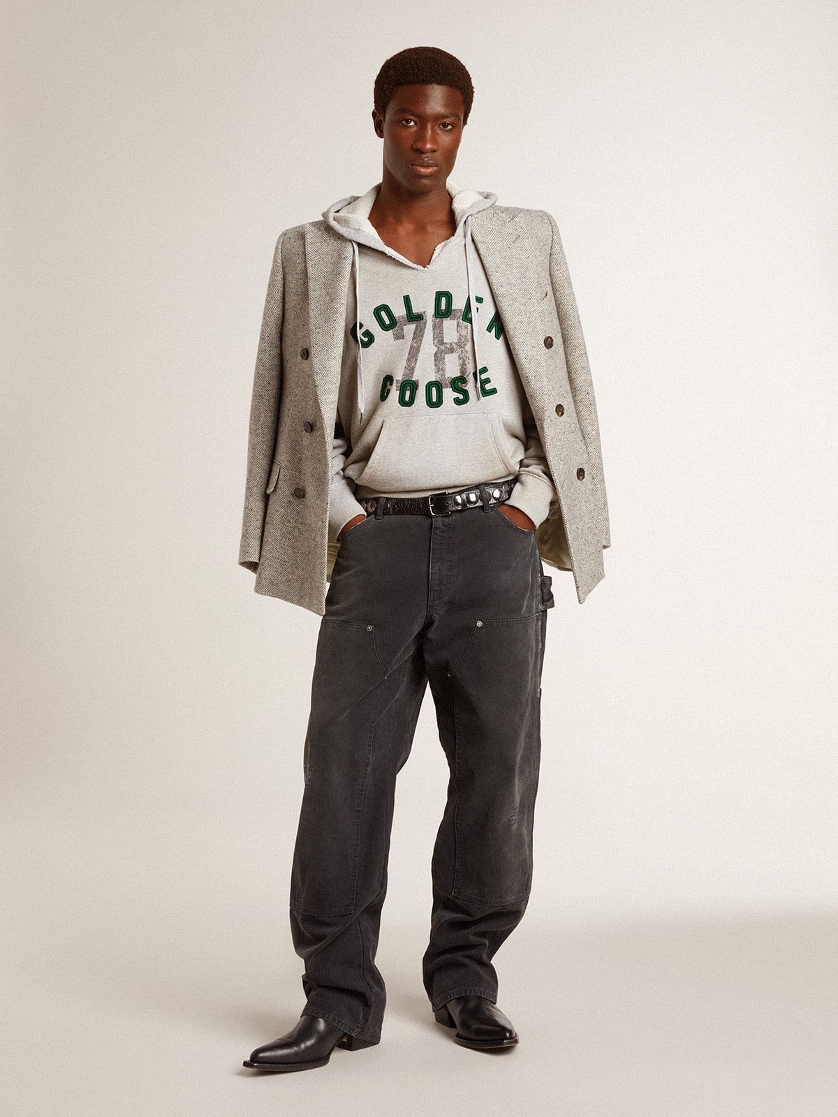 Men's double-breasted jacket in gray silk and chevron wool