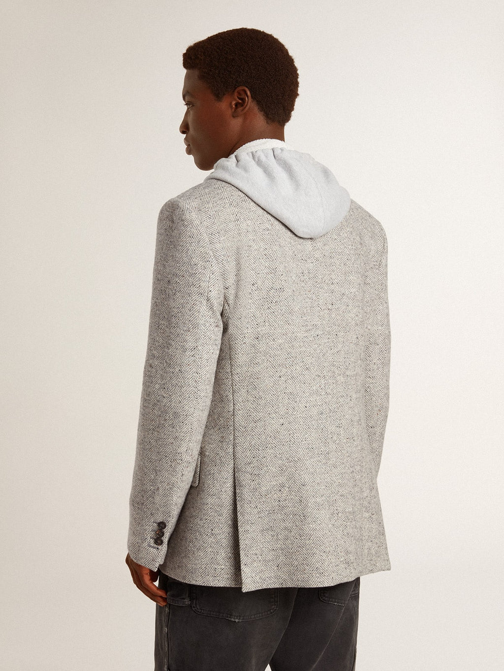 Men's double-breasted jacket in gray silk and chevron wool