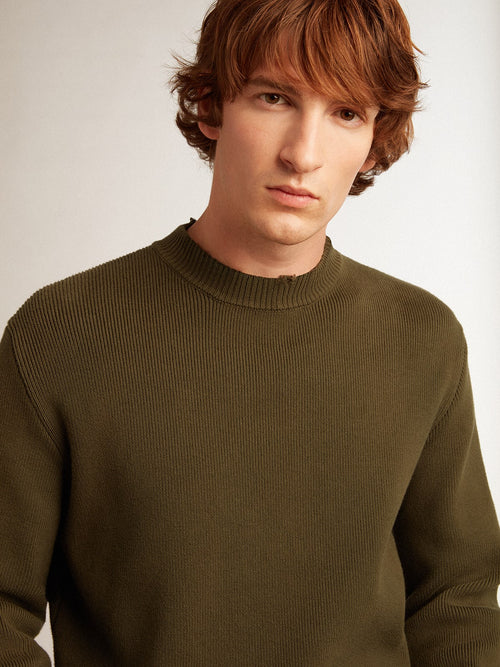 Men's round-neck sweater in military green cotton