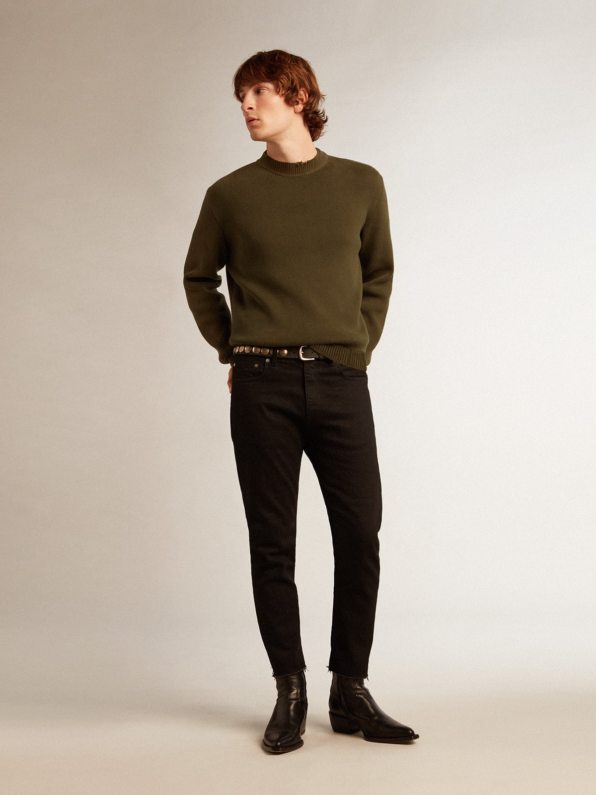 Men's round-neck sweater in military green cotton