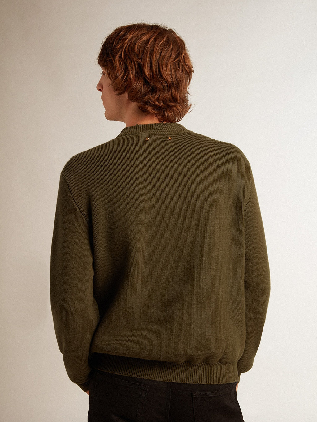 Men's round-neck sweater in military green cotton