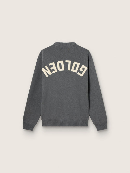 Men's round-neck sweater in dark gray cotton with logo on the back