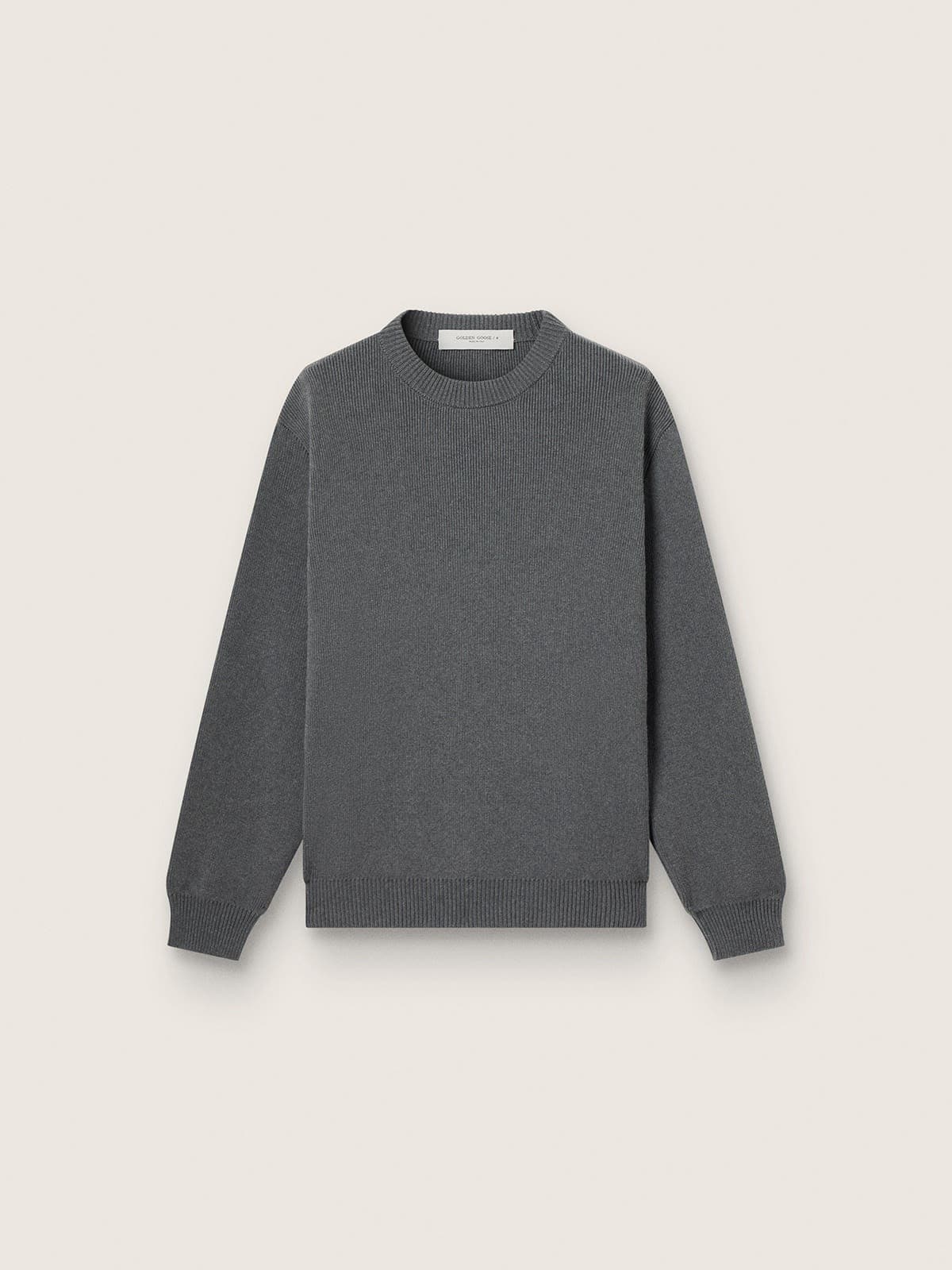 Men's round-neck sweater in dark gray cotton with logo on the back
