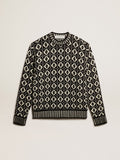 Round-neck sweater with geometric pattern in vintage white and black