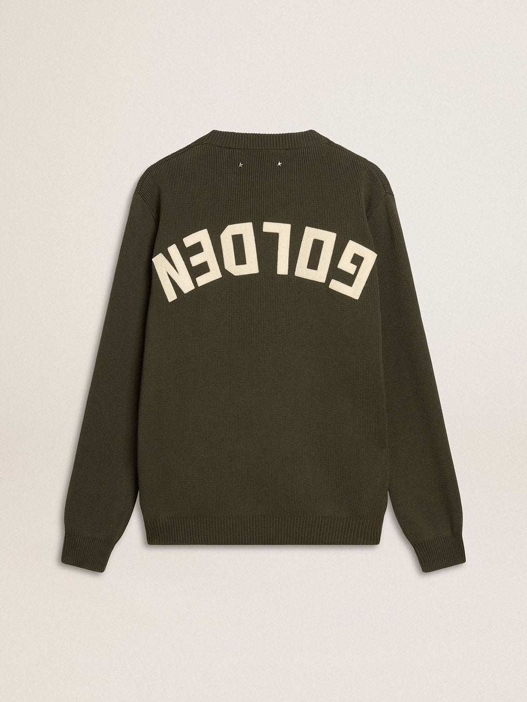Men's military green crew neck sweater with 'Golden' lettering on the back