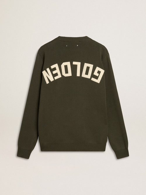 Men's military green crew neck sweater with 'Golden' lettering on the back