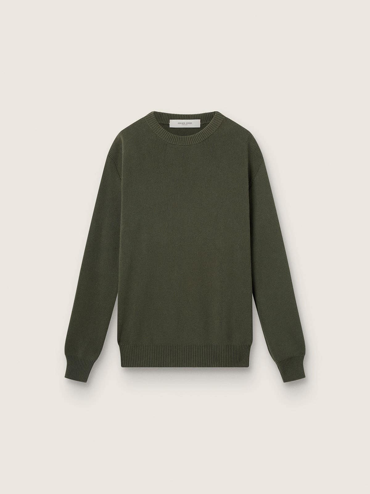 Men's military green crew neck sweater with 'Golden' lettering on the back