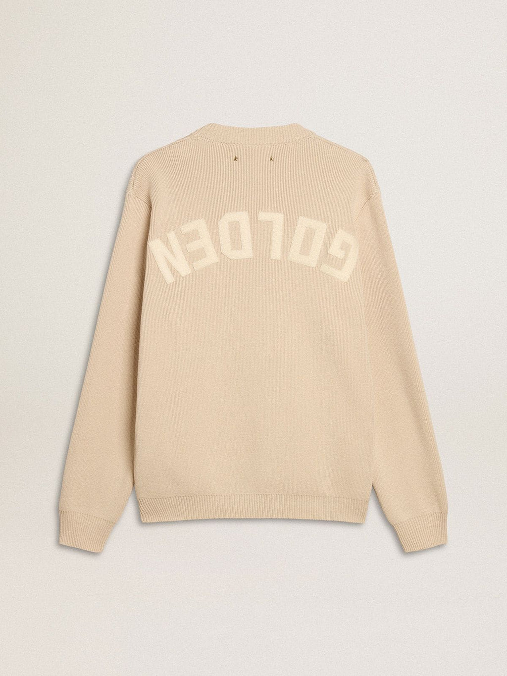 Men’s beige crew neck sweater with ‘Golden’ lettering on the back