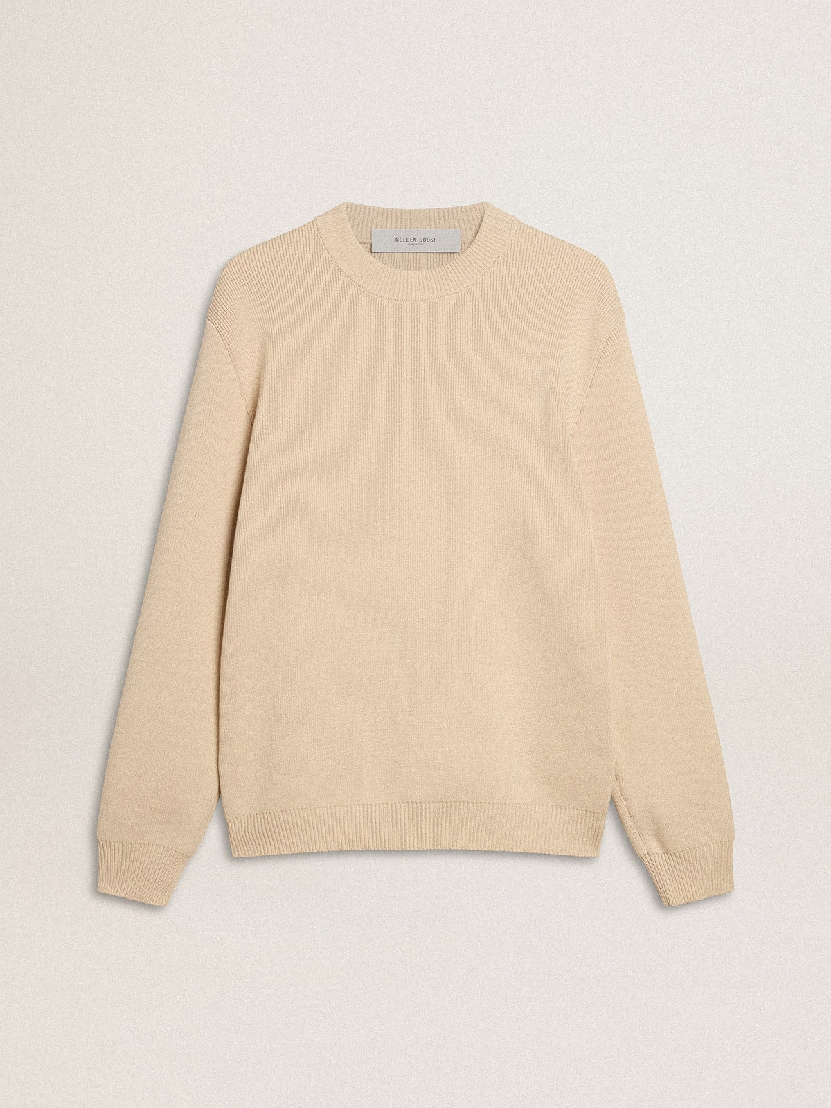Men’s beige crew neck sweater with ‘Golden’ lettering on the back