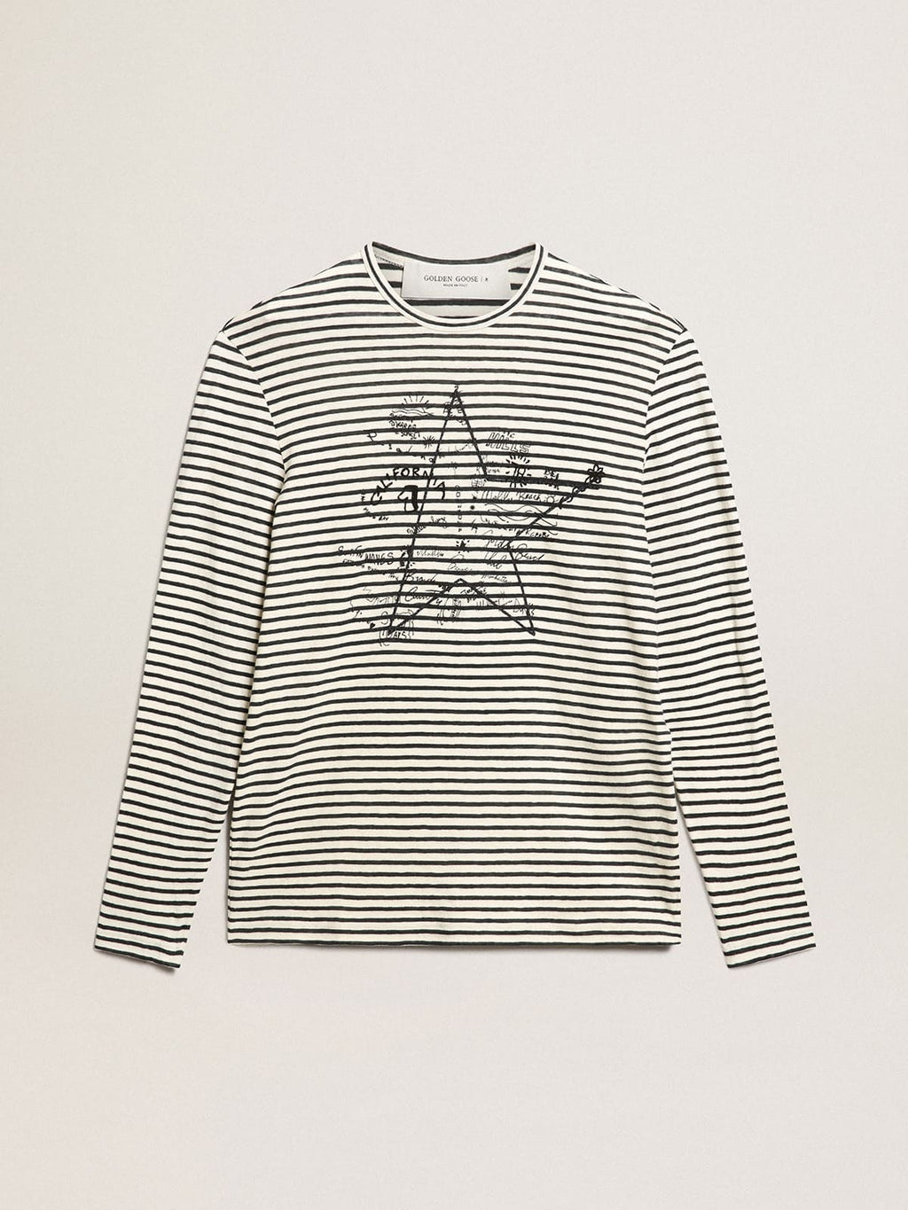 Men's T-shirt with white and blue stripes and embroidery on the front