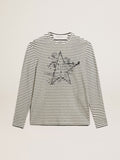 Men's T-shirt with white and blue stripes and embroidery on the front