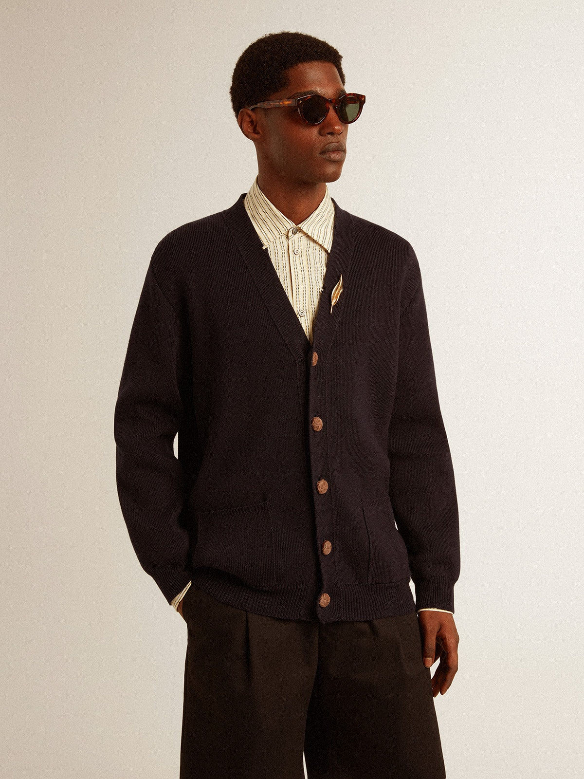 Golden Collection cardigan in dark blue cotton with a distressed finish