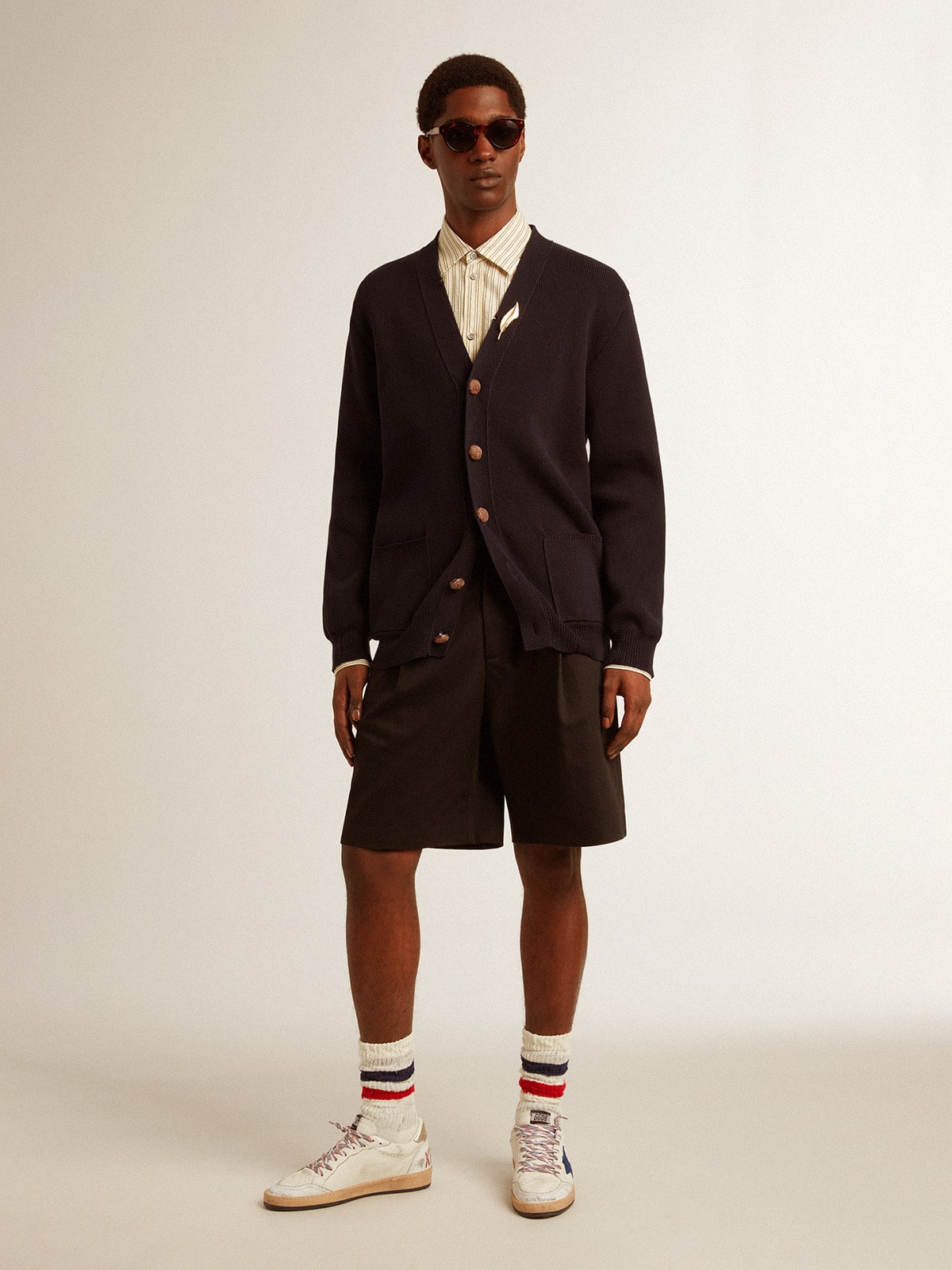 Golden Collection cardigan in dark blue cotton with a distressed finish