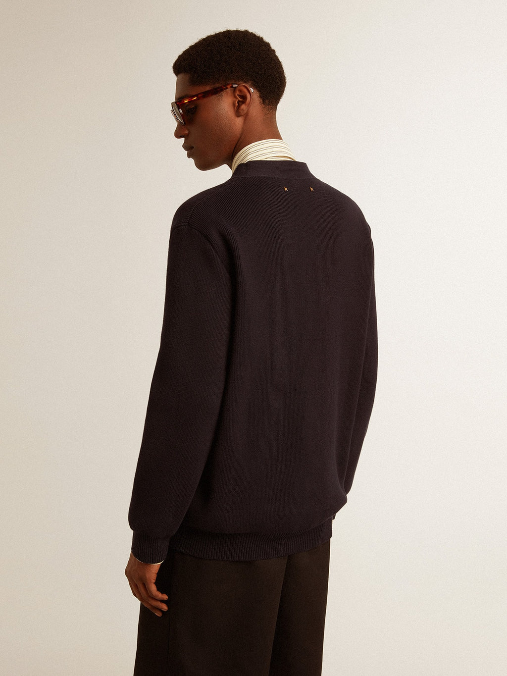 Golden Collection cardigan in dark blue cotton with a distressed finish