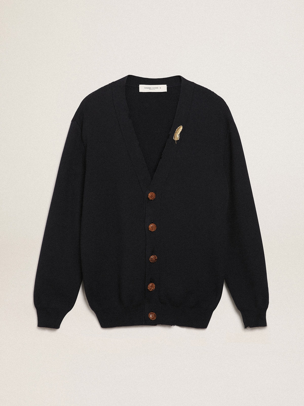 Golden Collection cardigan in dark blue cotton with a distressed finish