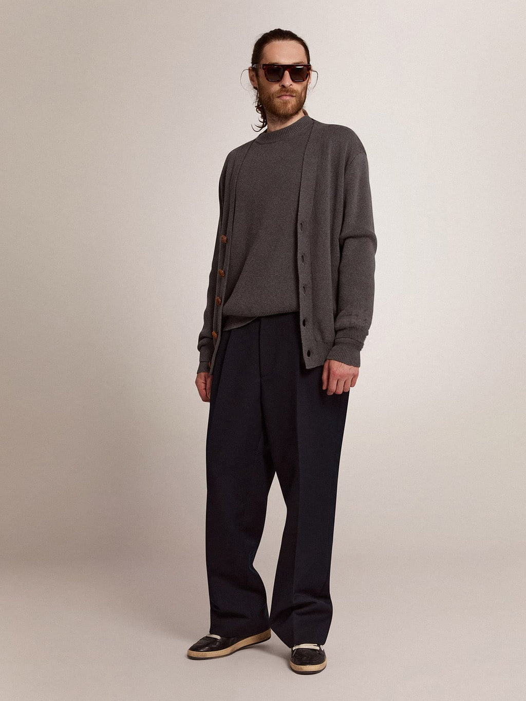 Men's cardigan in mélange gray cotton with logo on the back