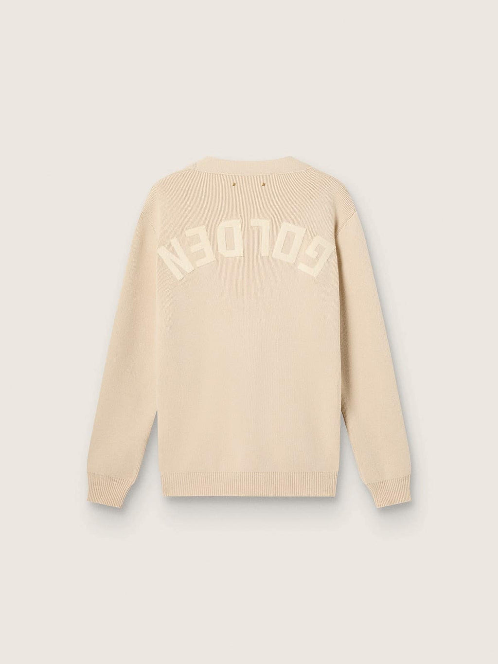 Men’s beige cardigan with 'Golden' lettering on the back