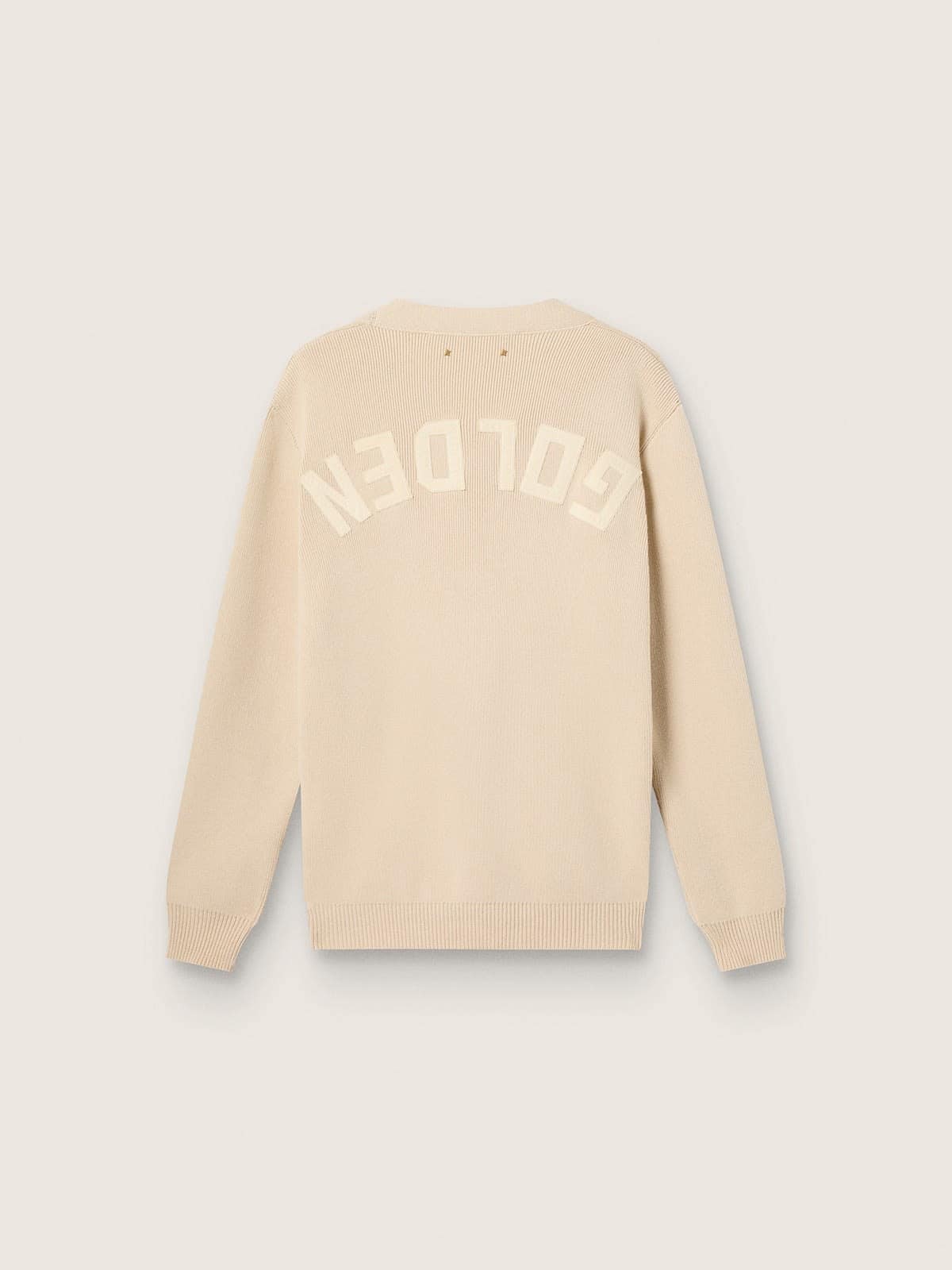 Men’s beige cardigan with 'Golden' lettering on the back
