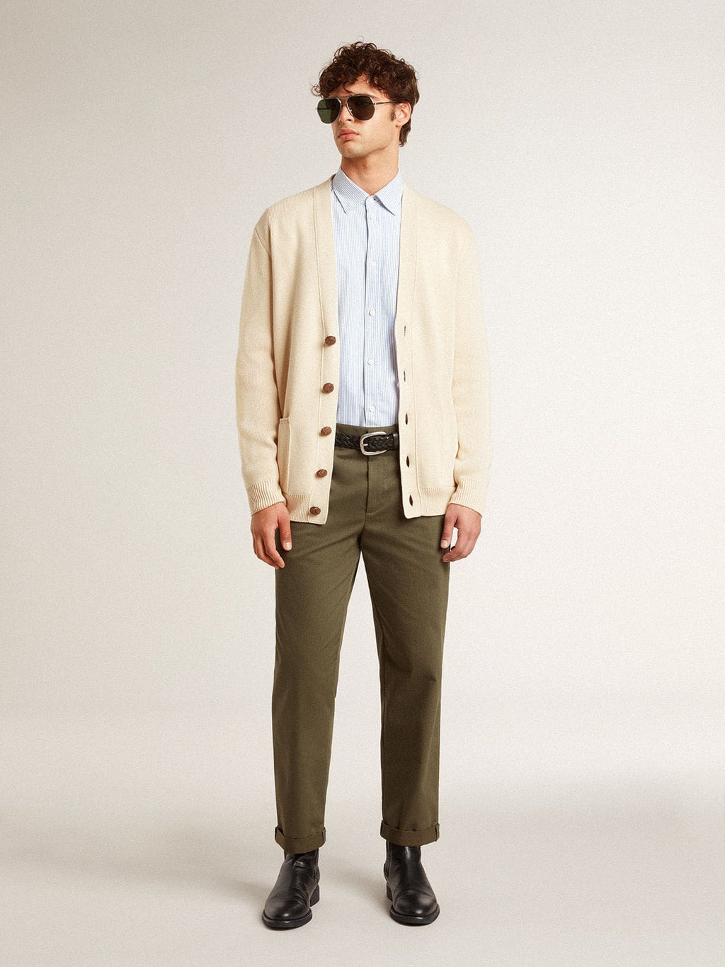 Men’s beige cardigan with 'Golden' lettering on the back