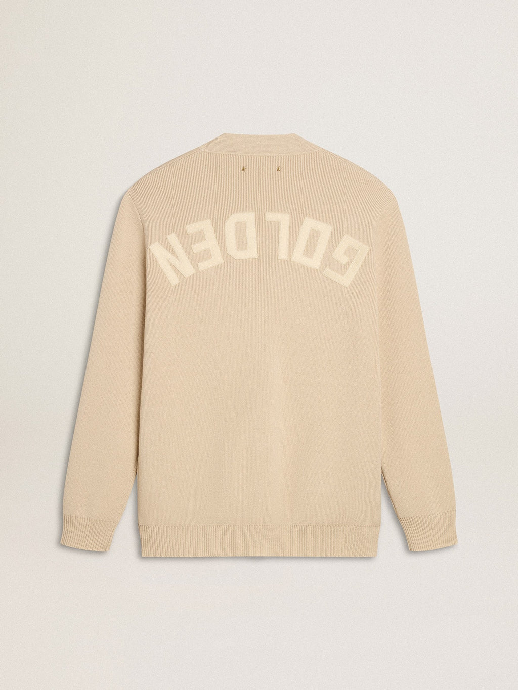 Men’s beige cardigan with 'Golden' lettering on the back