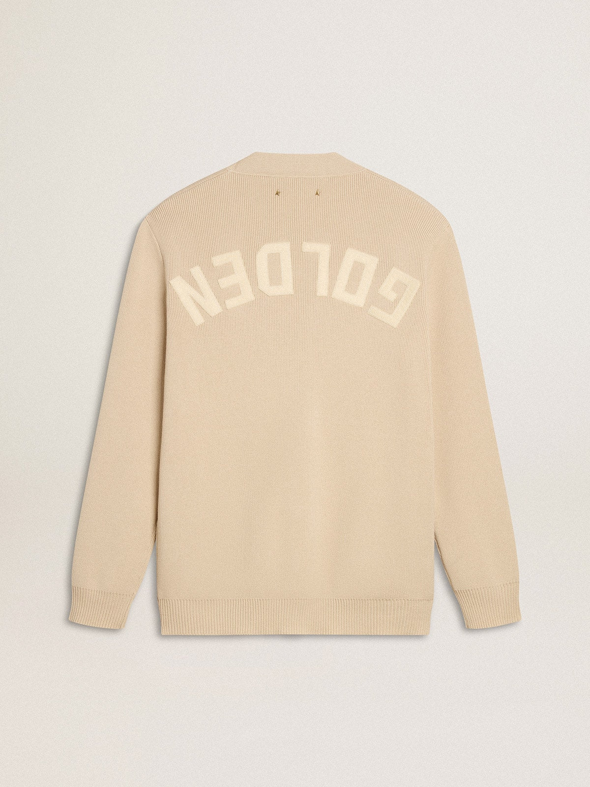 Men’s beige cardigan with 'Golden' lettering on the back