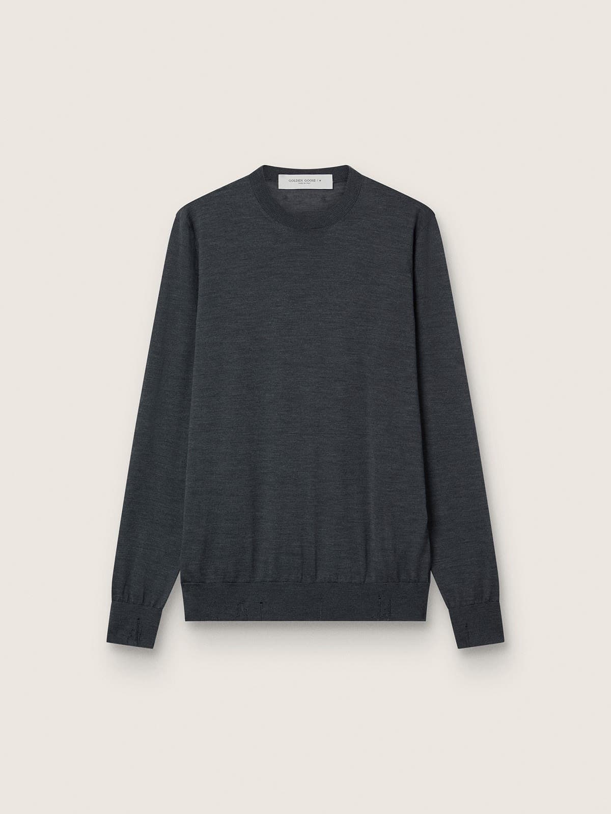 Men's round-neck sweater in dark gray mélange wool
