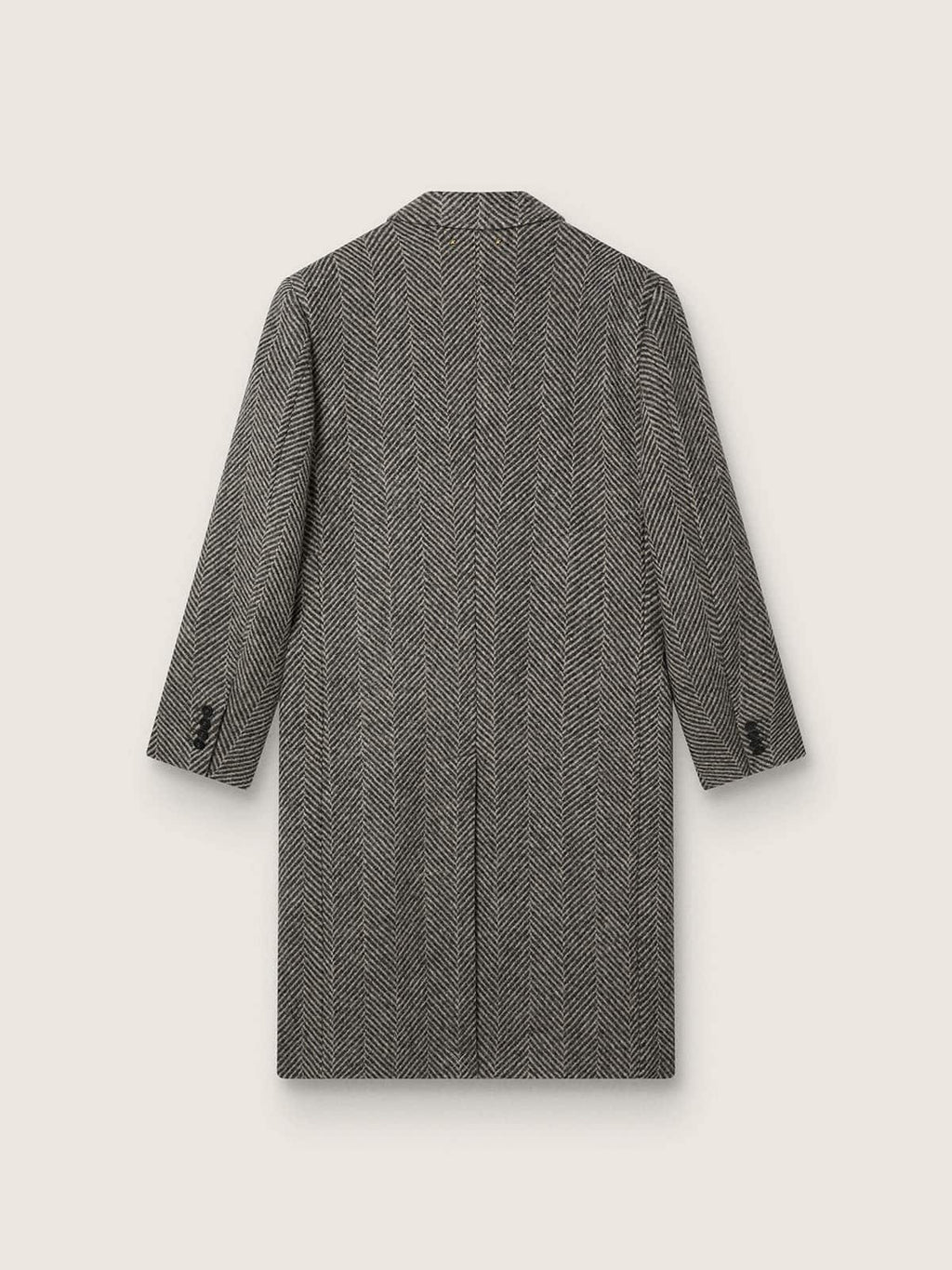 Men's single-breasted wool coat with beige and gray herringbone weave