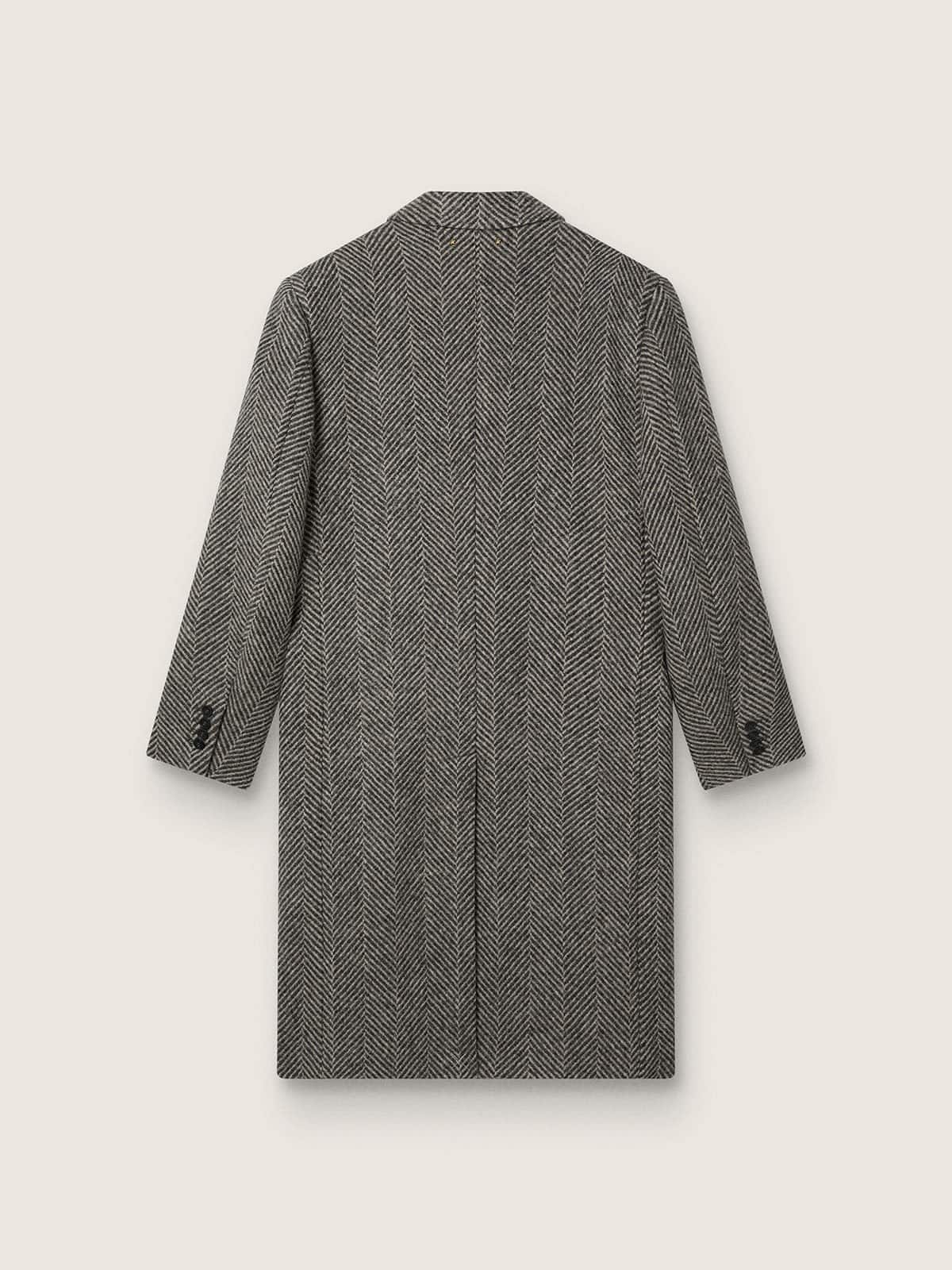Men's single-breasted wool coat with beige and gray herringbone weave