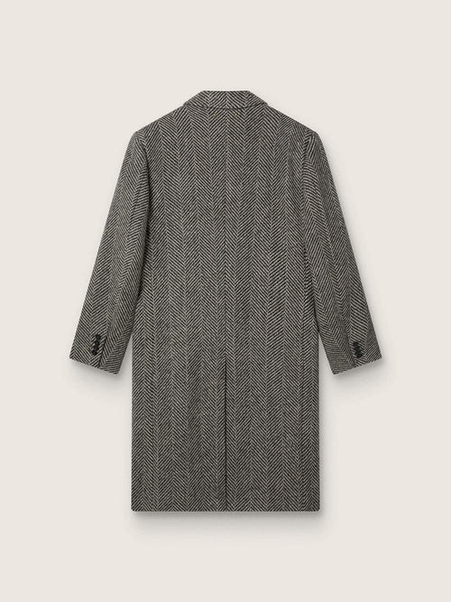 Men's single-breasted wool coat with beige and gray herringbone weave