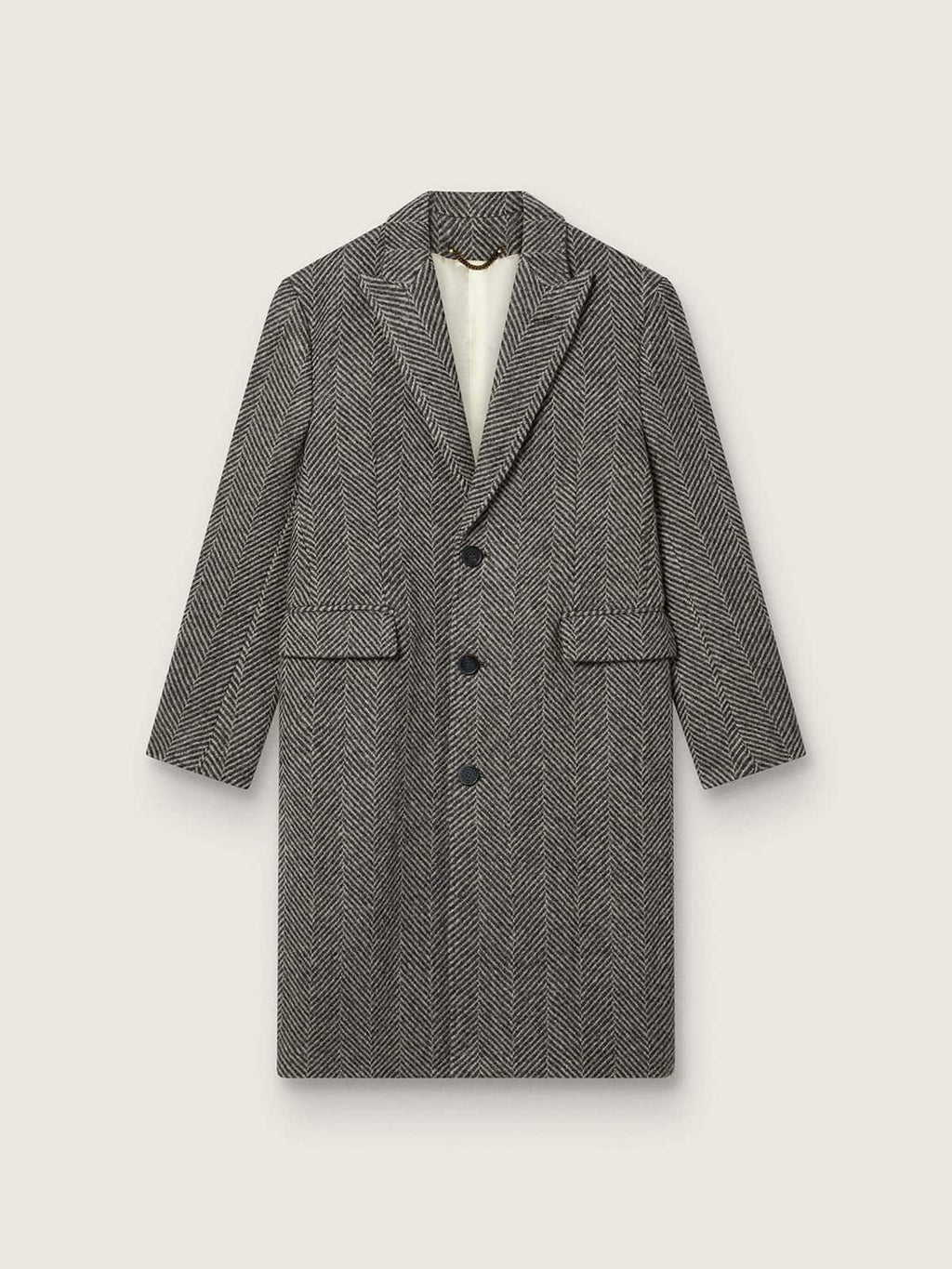 Men's single-breasted wool coat with beige and gray herringbone weave