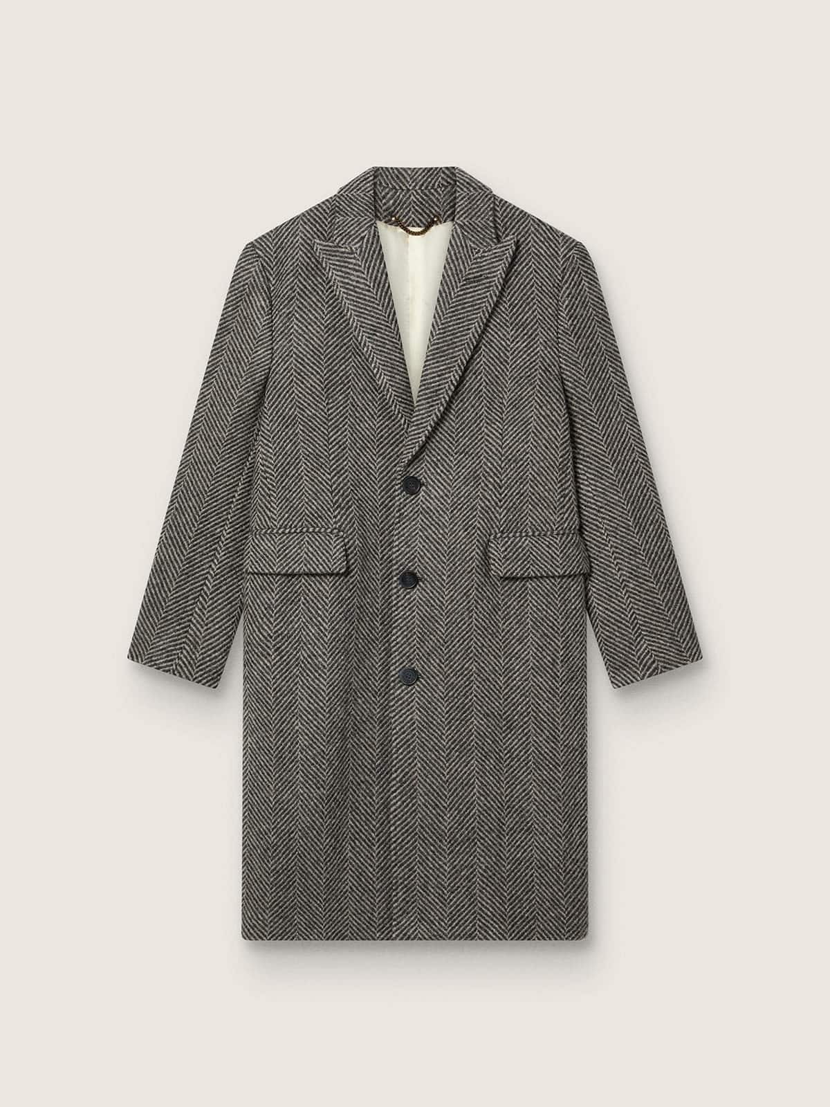 Men's single-breasted wool coat with beige and gray herringbone weave