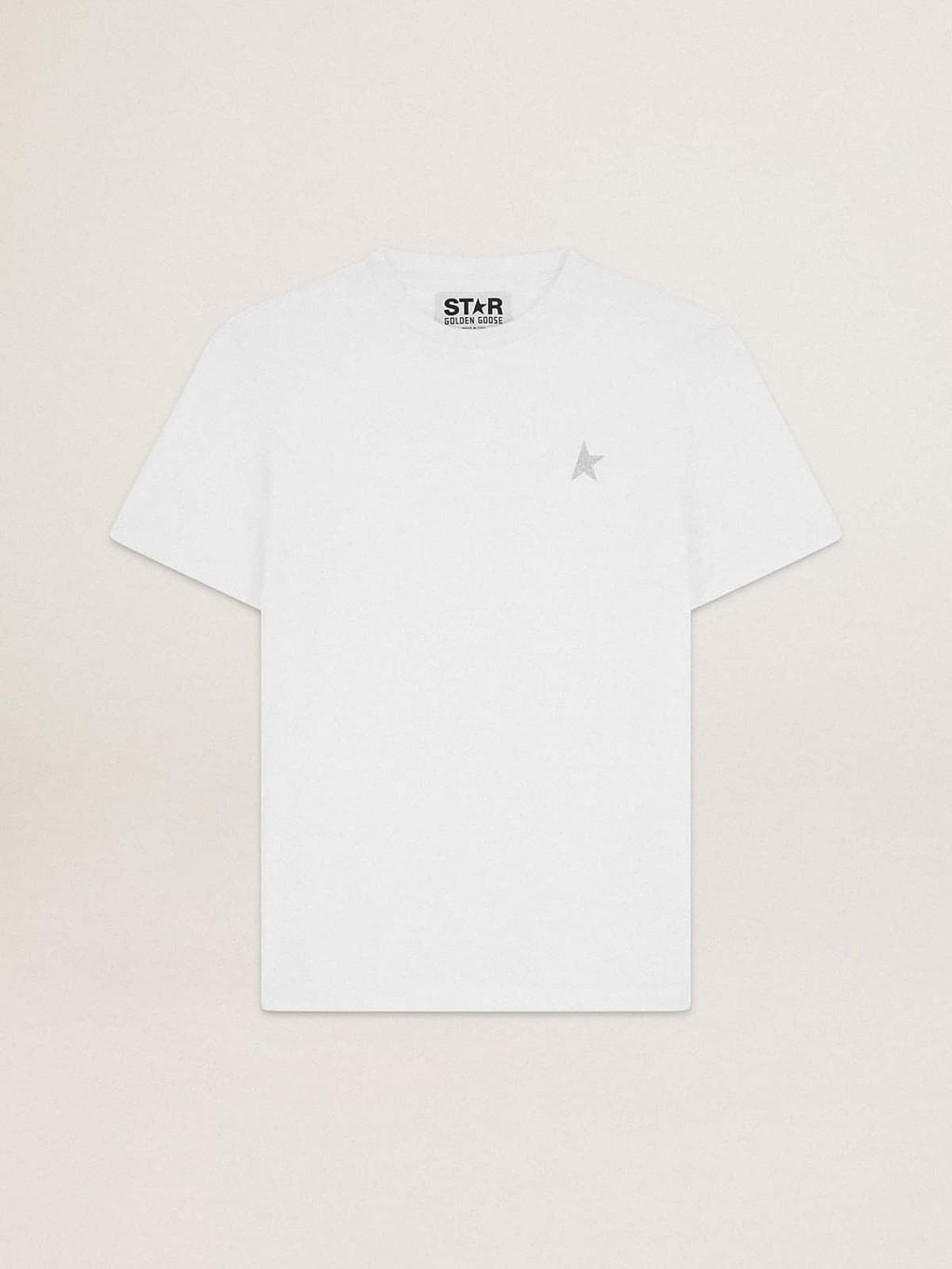 Men's white T-shirt with silver glitter star on the front